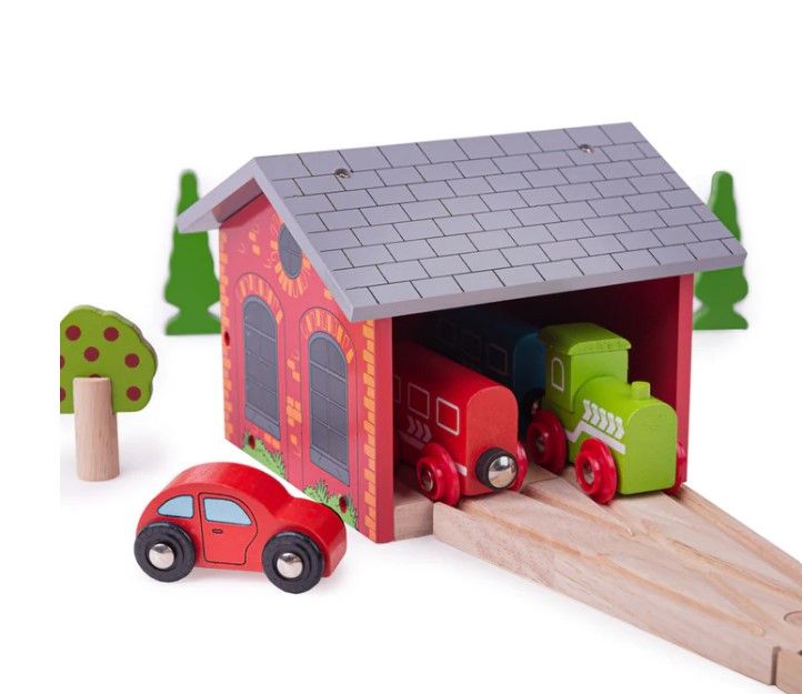 Bigjigs - Σετ τρένου με ράγες - Ξύλινο διπλό υπόστεγο με αναδιπλούμενη οροφή