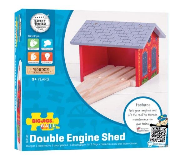 Bigjigs - Σετ τρένου με ράγες - Ξύλινο διπλό υπόστεγο με αναδιπλούμενη οροφή