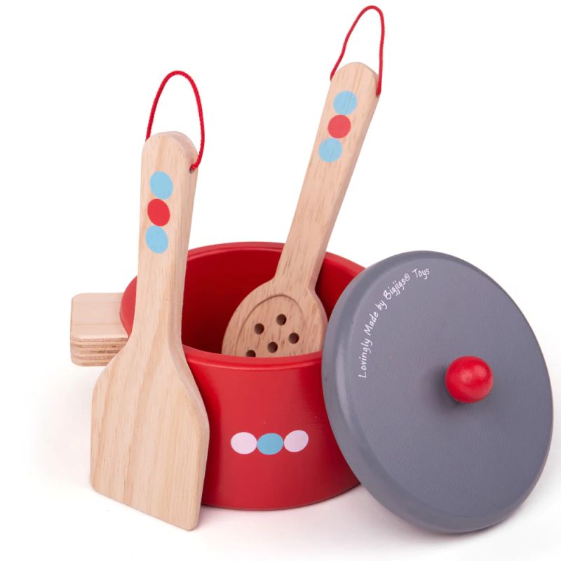 Bigjigs - Παιδικό ξύλινο σετ μαγειρικής με τηγάνι και κατσαρόλες